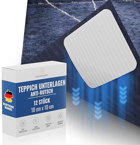 MEISTERWERK Antirutschunterlage für Teppiche - (EXTRA STARKER Halt) Rückstandslos entfernbar | Waschbare, rutschfeste Pads für sicheren Halt | Wiederverwendbar, 12er-Set, Teppichhalter