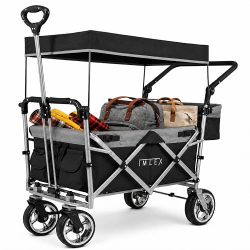 IMLEX XXL Bollerwagen faltbar mit Dach, breite verchromte Räder, Schiebegriff und Zugstange, 3-Punkt-Gurtsystem, Bremsen, klappbare Hecktasche, Taschen und Schutzhülle IM-4268 Schwarz
