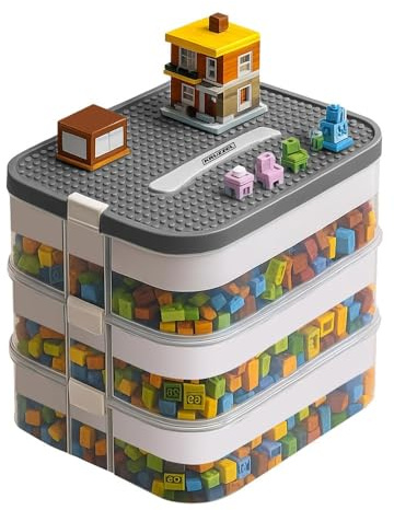 Kruzzel Förvaringslåda med lock 3 nivåer byggstenar lådor 22 l – lådförvaring med lock för Lego transparent – Lådan innehåller inga block – stapelbara lådor säkra, stapelbara 25757