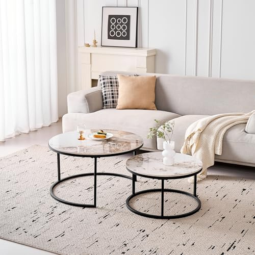 DEYARNA HOME Runden Couchtisch 2er Set, Moderne Satztische mit Keramikplatte (Keine MDF-Platte), Ideal für Wohnzimmer, Schlafzimmer, Balkon und Büro (Pandora+Schwarz), 60+80cm
