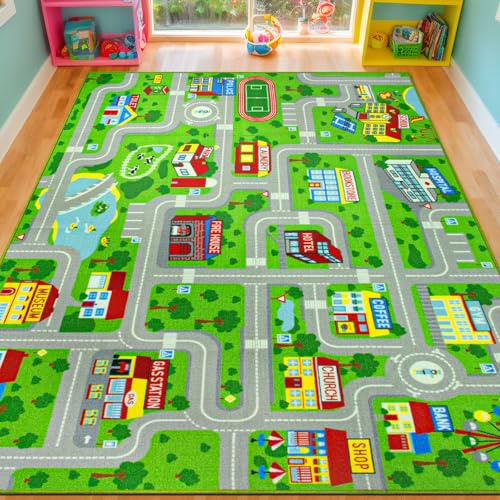 Kids Carpet Playmat Rug 5'0''x6'6'', Kids Rugs for Bedroom, Non-Slip Town City Road Map Car Rugs for Kids Toy Cars, Track Carpet Play Rug for Playroom Classroom Decor (Green)