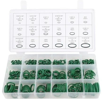 AKLOSIPY 270pcs HNBR O Ring-Sortiment-Kit 18 Größen CAR AC SYSTEM O-RINGS Dichtungen mit Snap-Clase-Hülle für Automobilleitungen Reparaturklimaanlagen Eingestellt (GREEN)