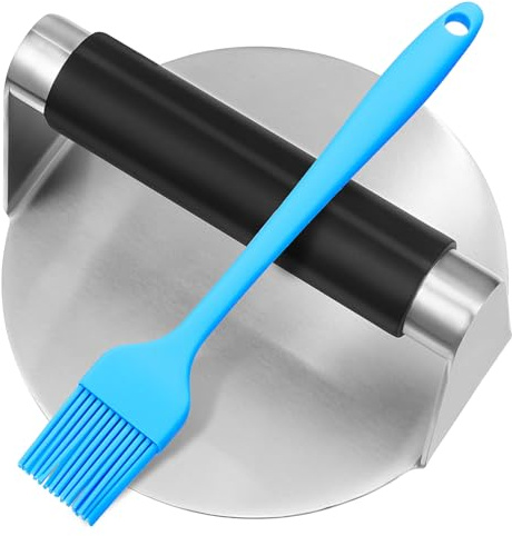 LIGIGWASH Presse à Hamburger Manuelle Ronde Acier Inoxydable Poignée Silicone Noire Pinceau à Badigeonner Silicone Ustensile Barbecue La Cuisine 2 Pièces