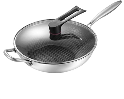 Fyearfly Wok in acciaio inox 32 cm, design antiaderente a nido d'ape, facile da pulire, con coperchio