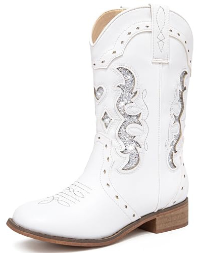 LAURMOSA Girls White Cowboy Boots Kids Western Glitter Cowgirl Dress Silver Boots Size 9 Toddler Girls Cowgirl Horse Riding Shoes Square Toe Cowboy Party Embroidered Easter(L1050WhiteSilver 9)