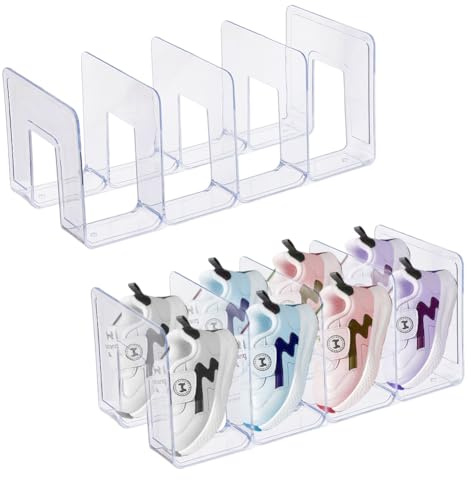 DICOSMETIC 2Pcs 4 Girds Clear Small Shoe Rack Plastic Shoes Holder 12.6x5.7x5.08 Inch Shoes Display Organizer Stackable Shoe Storage Shelf for Home Desk File Book Organizer
