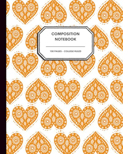 Scandinavian Folk Art Heart Notebook – 8x10” – 100 College Ruled Pages – Traditional Nordic Orange Heart Pattern on White for Writing, Journaling & School