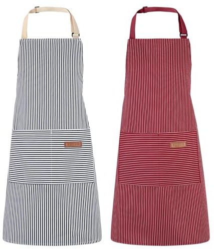 Meng Jiaran 2 Pack Unisex Adjustable Bib Aprons with Pockets,Kitchen Cooking Chef Aprons Stripe Design for Home Kitchen Baking BBQ Gardening Cleaning Restaurant Coffee House