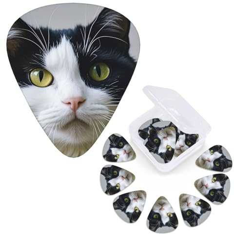 Gitarrenplektren in 3 verschiedenen Stärken, Schwarz und Weiß, Katzen-Gitarrenplektren, personalisierbar, für Gitarre, Bass, E-Gitarre, Plektrum mit Aufbewahrungsbox, Plektrum für Akustikgitarre, 12