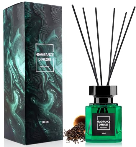 Reed Diffuser Set - 100 ml Black Tea Scent Bathroom Air Freshener with 5 Reed Diffuser Sticks - Long Lasting Air Fresheners for Home or As Room Decor Home Decor - Decorative Bedroom Accessories