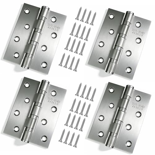 LAFULER 4 Pack 304 Stainless Steel 4in（100MM） × 3in（76MM） Bearing Door Hinge ，Thickness: 0.102 inches (2.6MM)，Brushed Nicke，Suitable for Both Indoor and Outdoor Doors，Silver，with Screws