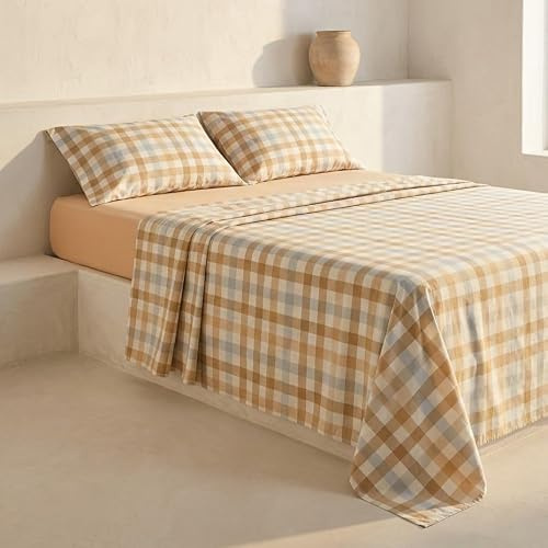 Juego sabanas 100% algodón, Cuadros Vichy Cama 180/200, con Fundas de Almohada, Multicolor.