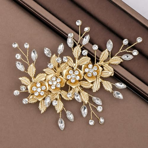 Bridesmaid Hair Accessories, Gold Wedding Hair Accessories for Women - Handmade Flower Rhinestone Headpiece, Bridal Barrette 15 cm Hair Clip for Wedding Guest, Prom, Party (Gold)