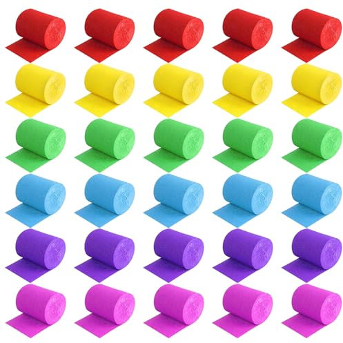 30 Rollen Krepp Bänder Bunt Krepppapier Dekoration 6 Farben für Party Geburtstag Abschlussfeier Hochzeit Basteln Kindergarten,4.5cm*9m/Rolle