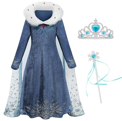Foierp Mädchen Prinzessin Kleid - Kostüm mit Feenstab und Krone Tiara für Hochzeit Party Cosplay Winter Langarm Pelzkragen Prinzessin Klei