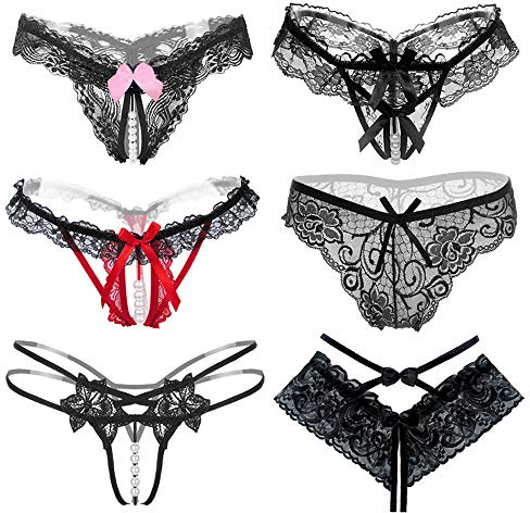 6er Packs String Ouvert Damen mit Perlen Blumen Loch Set Frauen,Schwarz Spitze Sexy Unterwäsche Mit Offenem Schritt Tangas G-String Reizwäsche Thongs V-String Höschen (6 Muster)