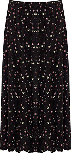 WearAll Womens Plus Floral Midi Skirt Ladies Elasticated Waist Print Stretch Long - Black - 20-22