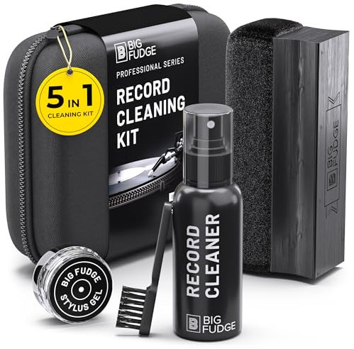 Big Fudge 5-in-1-Reinigungsset für Vinyl Schallplatten - Schallplatten Reinigung mit weicher Samtbürste Stylus Gel Reinigungslösung & Tasche - Professioneller Vinyl Reiniger