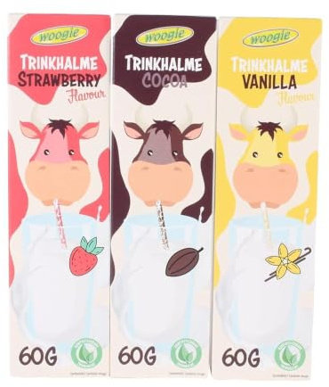 Milch Trinkhalme mit Geschmack – Schoko, Vanille, Erdbeere – NEU umweltfreundlich – kompostierbare Strohalme 3x60g, 3x10 Strohalme