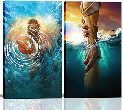 Gerahmte Jesus-Wandkunst, die Hand Gottes, Jesus greift ins Wasser, Christus, blauer Ozean, Bibelbilder, Poster, Drucke, Gemälde für Wohn- und Schlafzimmer