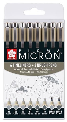 SAKURA Pigma Micron Fineliner Pen Set - 8er Pack Light Cool Gray & Cool Gray - Inklusive 01 05 10 Pigmentstifte - Pigmenttinte in professioneller Qualität - Wasserfest & Auslaufsicher