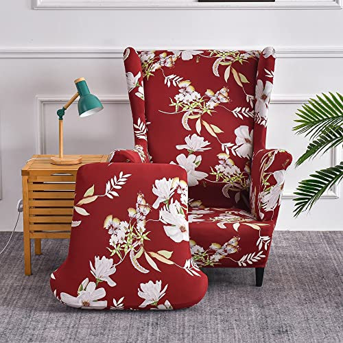 Highdi Ohrensessel Überzug 2-Teilig, Mode Sessel-Überwürfe Ohrensessel Schonbezüge Bezug Retro Blumen Sesselhusse Strandmon Tiger Stuhlbezug mit Armlehne Hohe Rückenlehne (rote Blume)