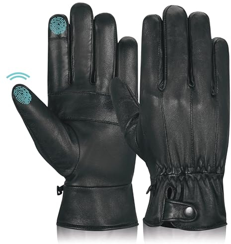 Hand Fellow Men’s Leather Gloves with Touchscreen, Warm Fleece Lining, Sheepskin for Cold Weather, Anti-Slip, Great for Driving & Outdoors, Classic Black Gloves Large