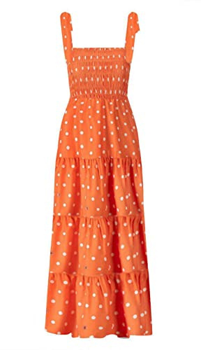 Kinstel damer sommar boho spagettiband fyrkantig hals volanger casual flowy lång klänning strand swing party maxiklänning storlek, Orange med prickar, L