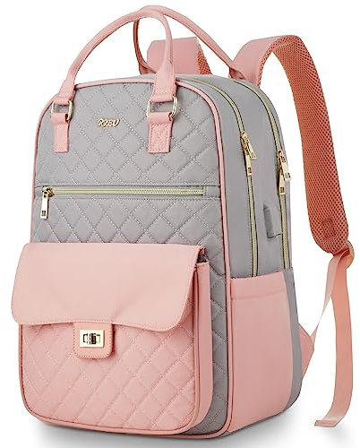 RJEU Rucksack Damen Schule,Laptop Rucksack Frauen 15,6 Zoll mit USB-Ladeanschluss,Schulrucksack Mädchen Teenager Wasserdichte für Uni Student Studium Reisen,Geschenke,Rosa-Grau