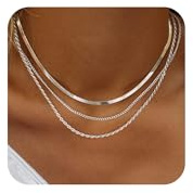 Freekiss Silver Herringbone Necklace for Women, Layered 925 Sterling Silver Necklace for Women Simple Dainty Cuban Rope Snake Link Chain Necklace Set Chunky Choker Silver Womens Jewelry Gifts