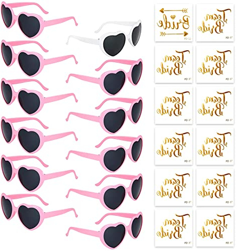 Partybrille Herz Sonnenbrille,12 Bride to Be Herz Sonnenbrille und 12 Team Bride Tattoo Aufkleber,Party Sonnenbrille Team Bride,Hippie Herzförmige Brille,JGA Partybrillen und JGA Deko Accessoires