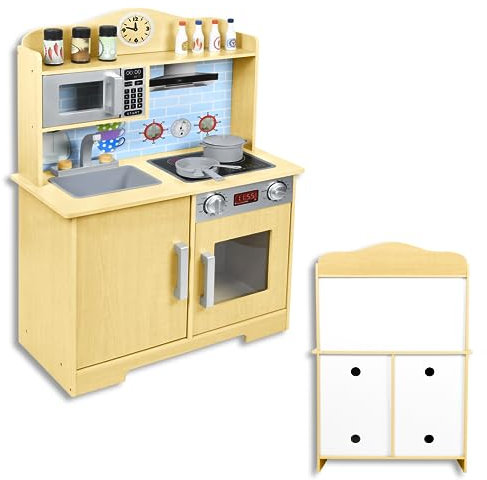 SUBTLETY Kinderküche aus MDF 59.5x29.5x91.7cm Spielküche Hölzerne Kinder Küchenspielzeug Set mit Spatel Suppentopf Bratpfanne Wasserhähne und Zubehör Kinderspielküche für Kinder ab 3 Jahren (Typ B)