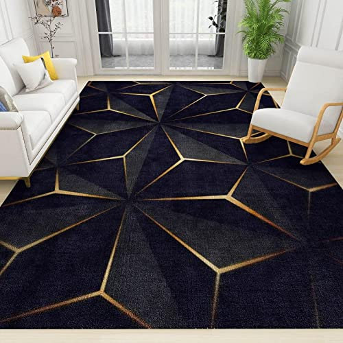ZONOKI Moderne Abstrakte Kunst, Schwarzes Gold Teppich, Leichte, LuxuriöSe, UnregelmäßIge Geometrische Streifen Waschbarer Teppich, Kurzflor Teppiche - für Wohnzimmer Schlafzimmer Flur - 90 x 120 cm