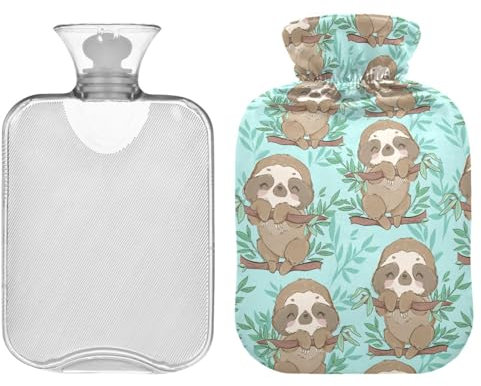 ZZXXB Lovely Faultier Leaf Wärmflasche mit Fleece-Bezug, PVC-Wärmbeutel, 2 Liter