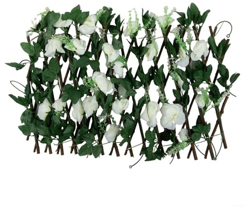 Clôture de haie artificielle, treillis extensible pour décoration de jardin, clôture télescopique extérieure, clôture de feuilles de fleurs artificielles (blanc)
