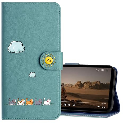 Nokverzy Handyhülle für Samsung Galaxy S10 Hülle Klappbar mit Kartenfach Magnet Geldbörse Tier Muster Leder Handy Tasche Cover für Samsung Galaxy S10 Klapphülle mit Band Katze Motiv Bunt Grün