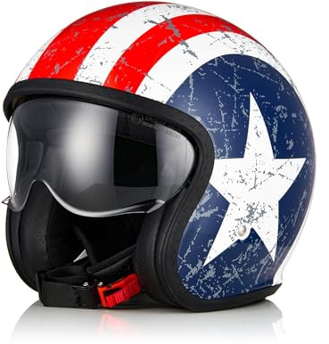 ORIGINE Jet-Motorradhelm mit Schutzbrille, ECE 22-06-Zulassung (Rebel Star Matt Blue Red, XL)