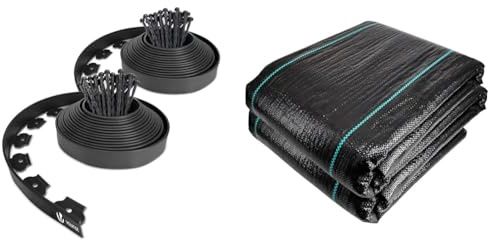 VOUNOT Bordure de Jardin en Plastique 20 mètres avec 60 Piquets d'ancrage Bordurette de Pelouse & Toile de Paillage Contre Les Mauvais Herbes 2Mx25M en Fibres de Polypropylène Tissées Anti-UV