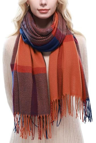 RIIQIICHY Ladies Orange Scarf for Women Winter Scarves Wraps Warm Tartan Blanket Scarf Pashmina Shawls Wraps