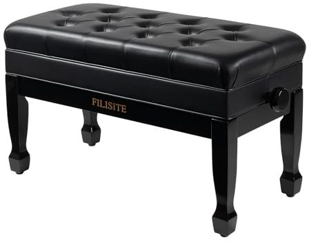 FILISITE Adjustable Duet Piano Bench with Storage, Heavy Duty Solid Wood Double Piano Stool Keyboard Bench Seat with PU Leather Padded Cushion (Black)