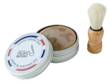 Alba Natura - Pack Afeitado - Incluye: Jabón de Afeitado + Brocha Afeitado - Jabón Hecho a Base de Aceite de Coco y Leche de Burra -Sensación de Frescor - Piel Suave Tras el Afeitado