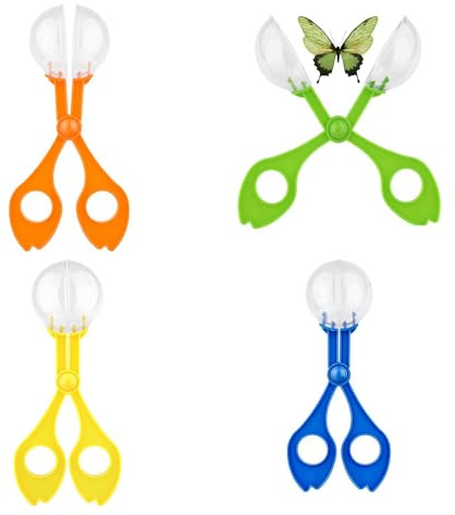 4er-Pack Insektenfänger und Pinzetten für Kinder, Insektenlupe, Kunststoff-Pinzette in Grün, Gelb, Blau, Orange, 4 Stück