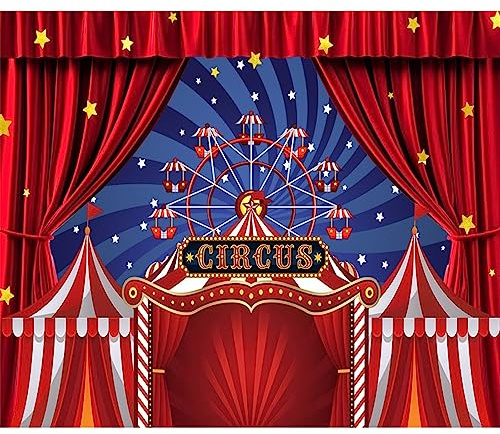 Xiaoterna 2,2 x 1,5 m Bienvenue au Carnaval Toile de fond Cirque Rouge avec Nuit de Carnaval, Roue Rouge Blanc Rayé Tente Étoiles Photographie pour Adultes Enfants Portrait Photo Accessoire