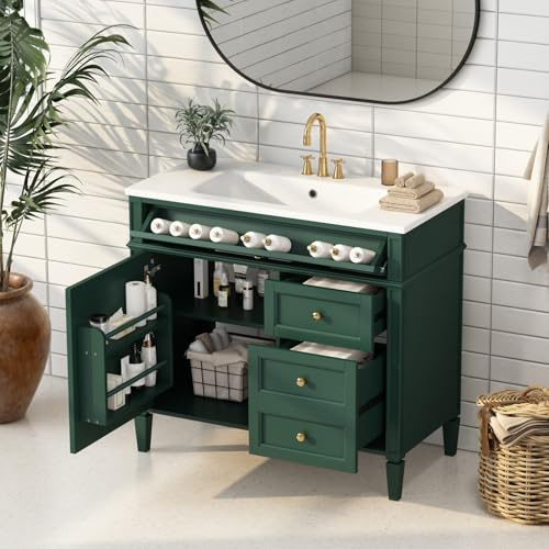 36'' Bathroom Vanity with Top Single Resin Sink Countertop, Solid Wood Frame Modern Storage Cabinet, Tip-Out Drawer, Soft Closing Doors, Green