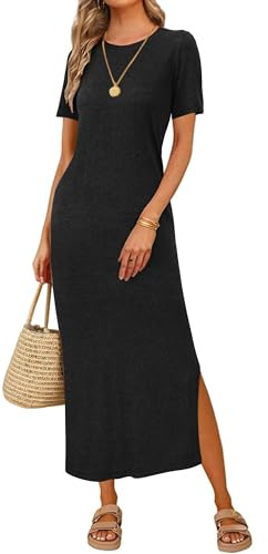 Arach&Cloz Womens Summer Wool Blend T Shirt Maxi Dress 2026 Spring Casual Short Sleeve Crew Neck Slit Fashion Sweater Knit Long Dresses Trendy Travel Vacation Outfits Black M