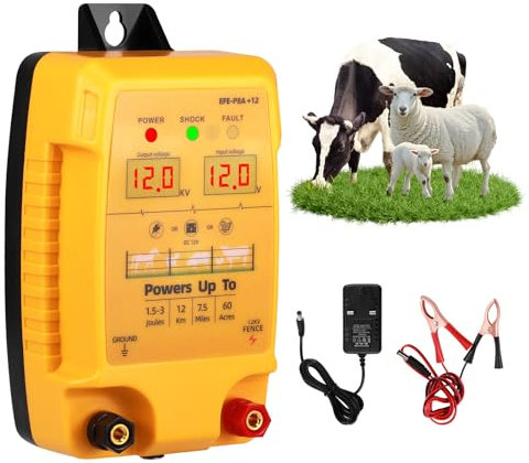 12V Electric Fence Energiser 2J Output 10 KV Peak, 7.5Miles Range, Electric Fence Charger Powered by 12V Battery/ AC/ Solar Power, Weatherproof Kit to Protect Poultry, Livestock, Horse, Pigs, Goats