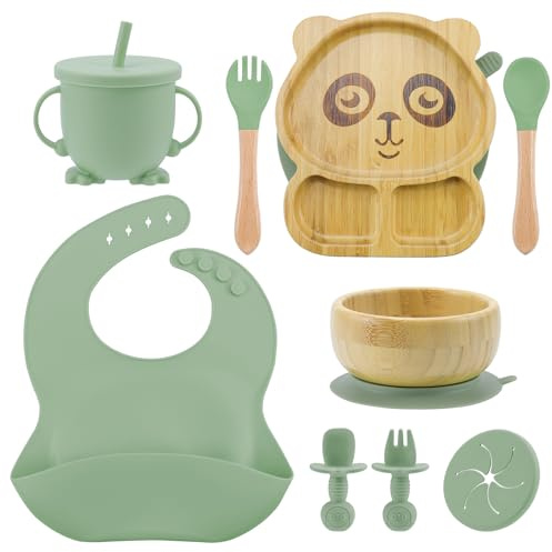 Feelhap Kinderteller mit Saugnapf,Babyteller mit Saugnapf,Baby Geschirrset mit Saugnapfplatte,Saugnapf-Schüssel,Silikon Löffel Gabeln Lätzchen Wasserbecher,Baby Teller Rutschfest Kindergeschirr (Grün)