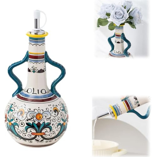 Ceramic Olive Oil Dispenser Bottle,700ml Ceramic Oil or Vinegar Bottle Dispenser,Hand Painted Olive Oil Bottles,Italian Style Oil Dispenser Bottle for Kitchen,Stoneware Olive Oil Cruet for Oils,Sauces