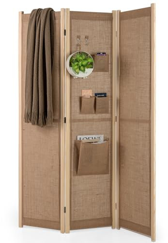 COSTWAY Paravent Interieur 3 Panneaux 121 x 170 cm, Separateur de Pieces Pliable, Lin Synthétique, 4 Sacs de Rangement, 2 Crochets, Closion de Separation Interieur pour Chambre Salon Bureau, Naturel