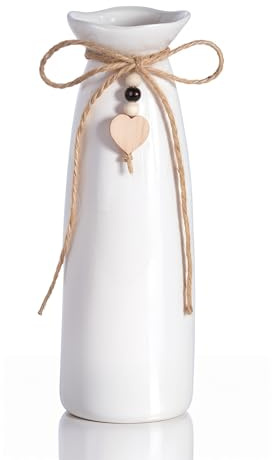 8 Inch Ceramic Vase with Jute Rope & Heart Charm, Elegant White Decorative Vase for Home Décor & Table Centerpieces